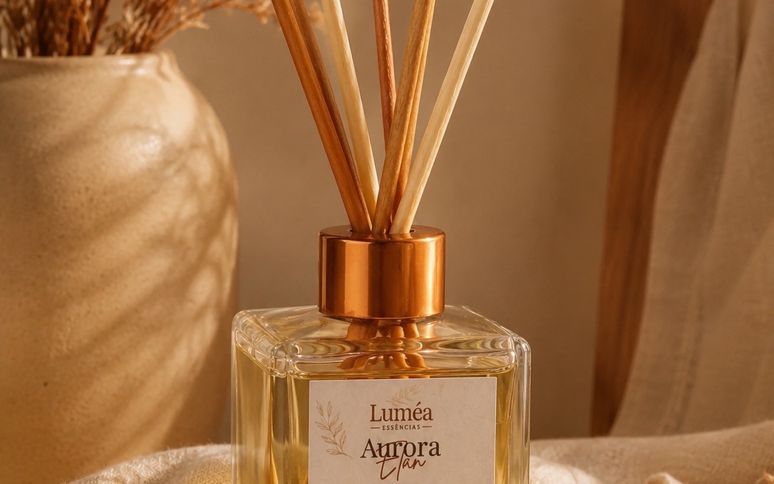 Difusor Luméa Aurora Élan com varetas em luz dourada