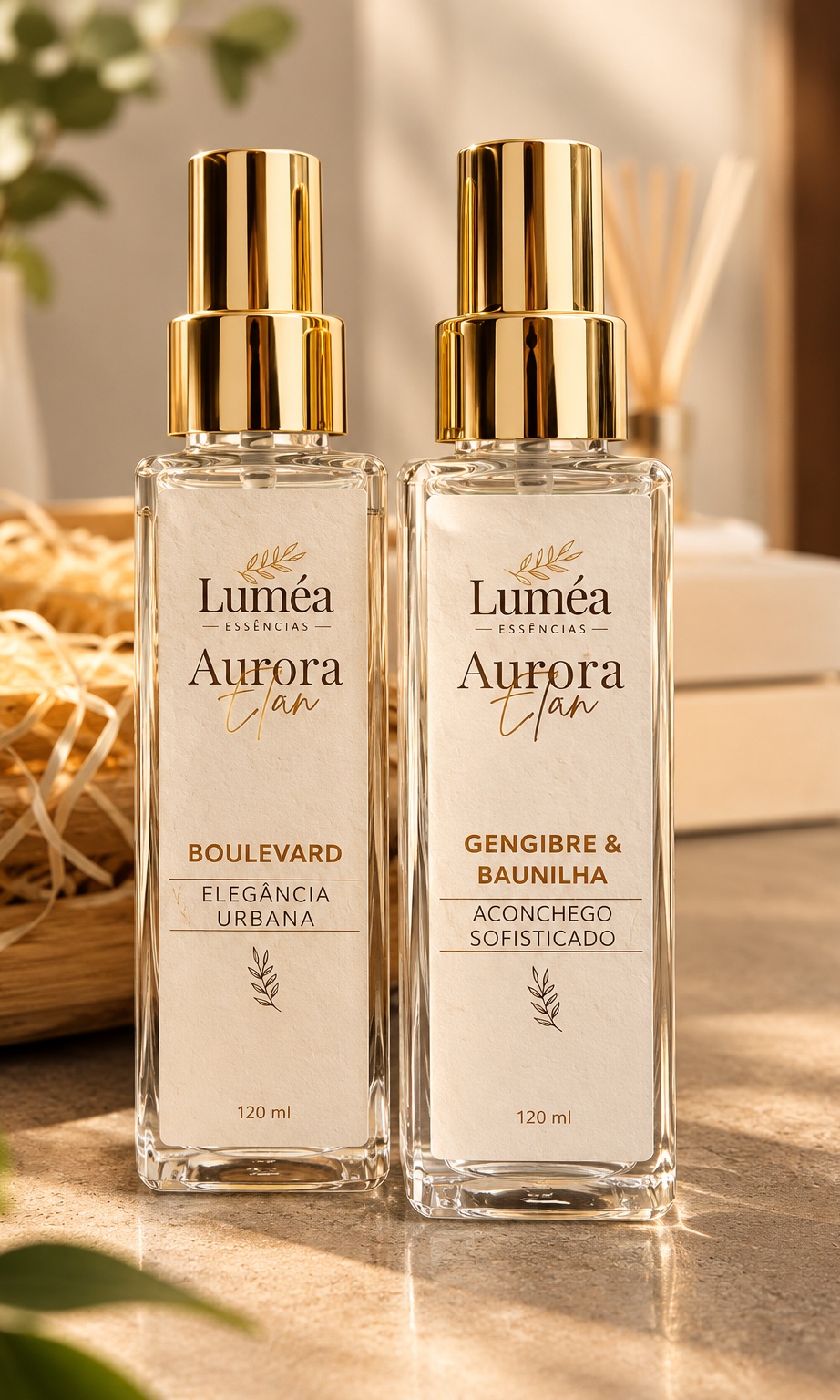 Home sprays Luméa Aurora Élan Boulevard e Gengibre & Baunilha 120 ml com tampa dourada